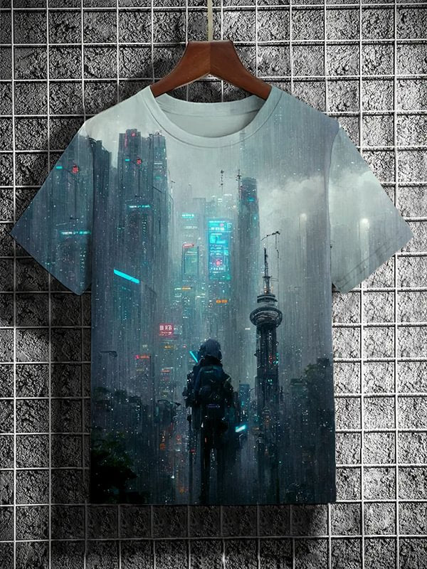Men's Skyscraper Crowd Futuristic City Print Casual Short Sleeve T-Shirt