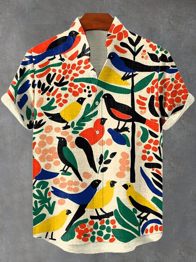 Men's Retro Boho Colorful Bird Abstract Art Print Linen Blend Shirt
