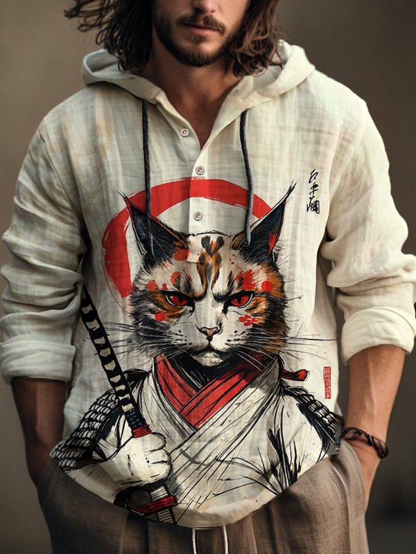 Men's Cat Samurai Japanese Art Painting Print Hooded Shirt
