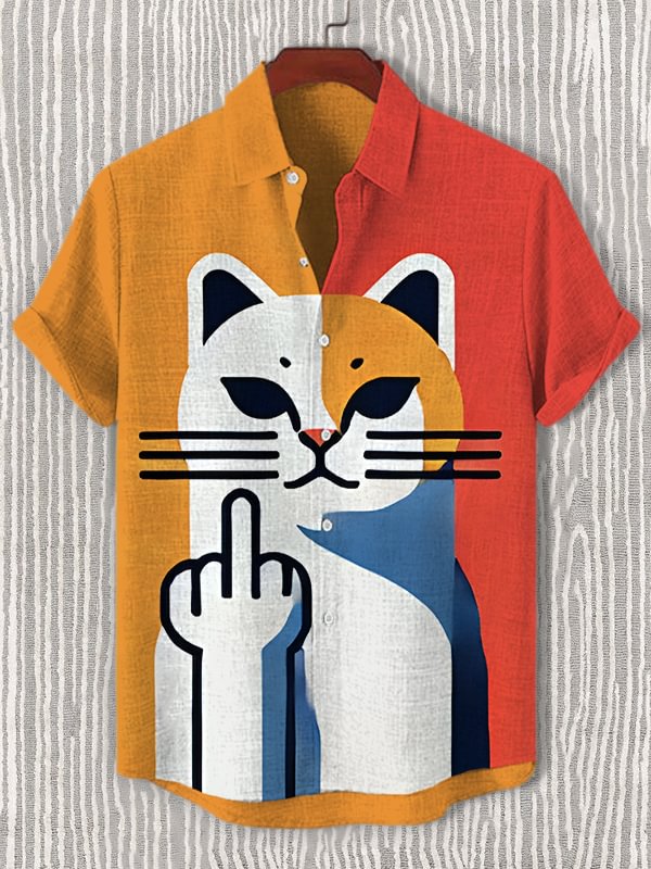 Men's Funny Cat Color Block Abstract Art Print Casual Shirt