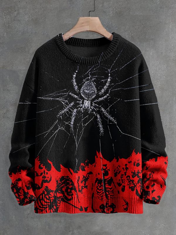 Men's Spider And Skull Burning In Flames Art Print Knit Sweatshirt