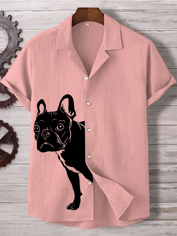 Men's Peekaboo French Bulldog Print Casual Linen Blend Shirt