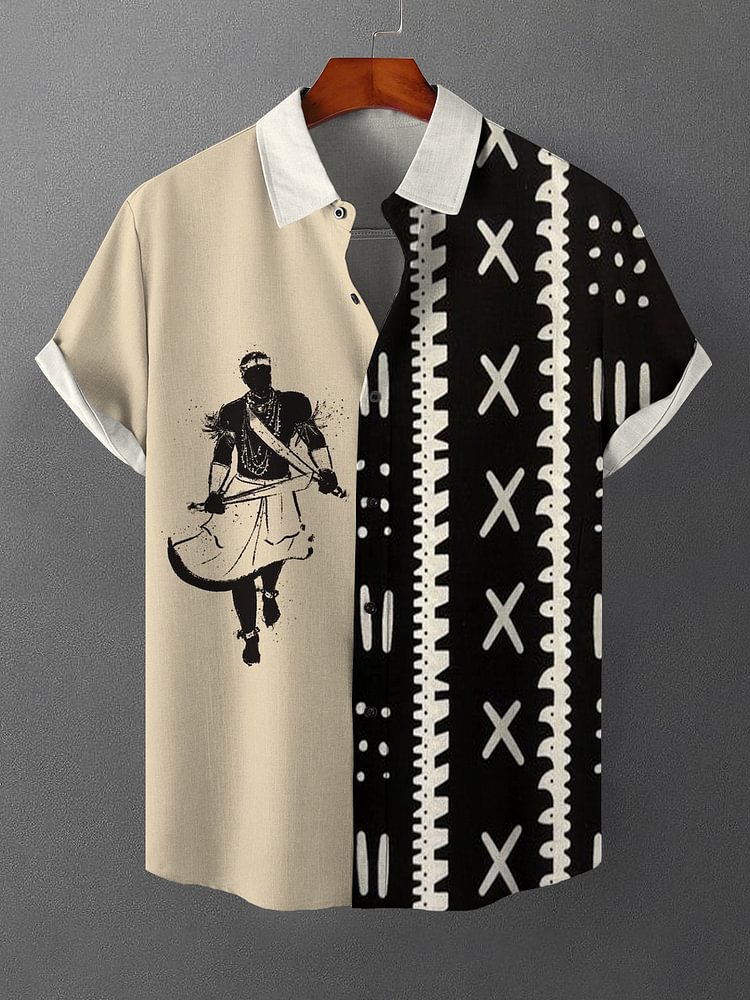 Men's Retro Totem African Contrast Color Print Linen Blend Shirt