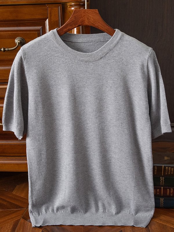 Men's Casual Plain Round Neck Short Sleeve Knitted T-Shirt