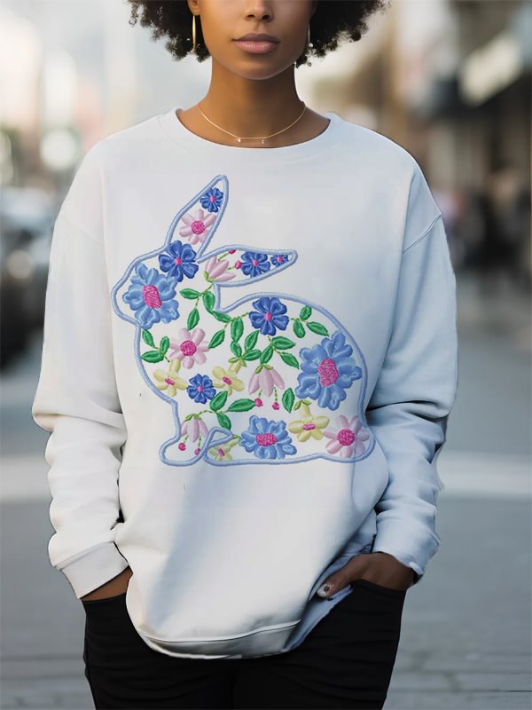 Women's Flowers Rabbit Easter Print Cotton Long Sleeve T-Shirt Thin Sweatshirt