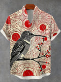 Men's Geometric Totem Hummingbird Linoleum Print Linen Blend Shirt