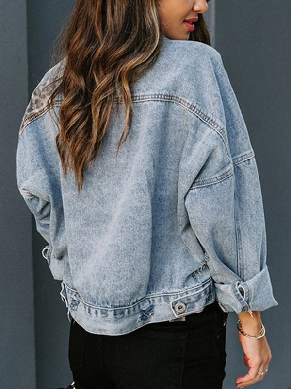 Women's Leopard Print Stitching Ripped Denim Jacket