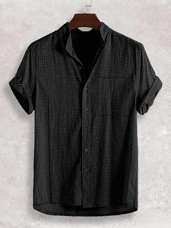 Men's Stand-up Collar Short Sleeve Cotton And Linen Shirt