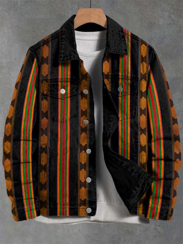 Men's African Ethnic Tribe Kente Art Print Denim-Like Long Sleeve Shirt