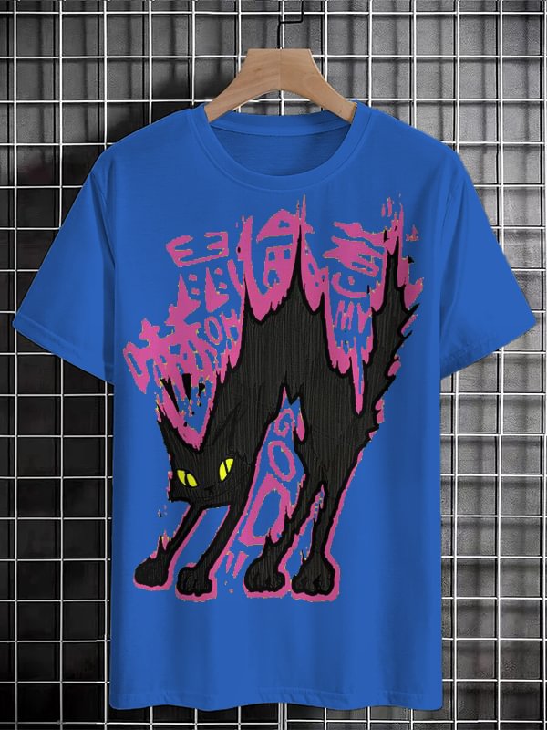 Men's Scared Black Cat Graphic Print Cotton Casual T-Shirt