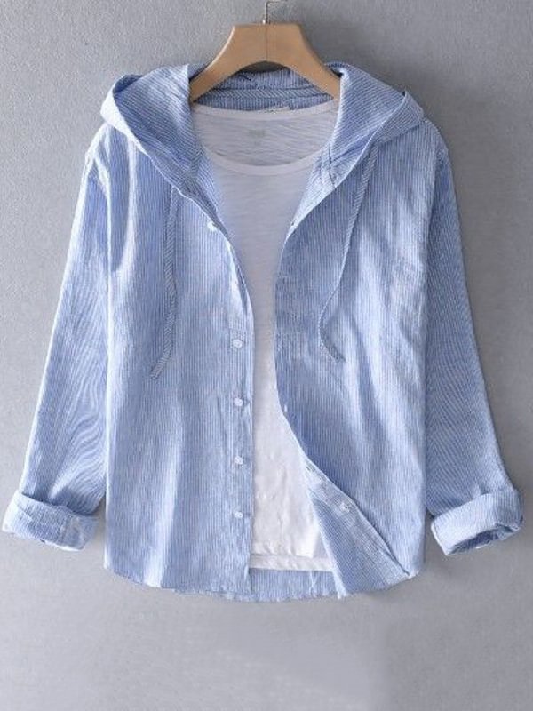 Men's Striped Print Long Sleeve Cotton And Linen Hooded Shirt