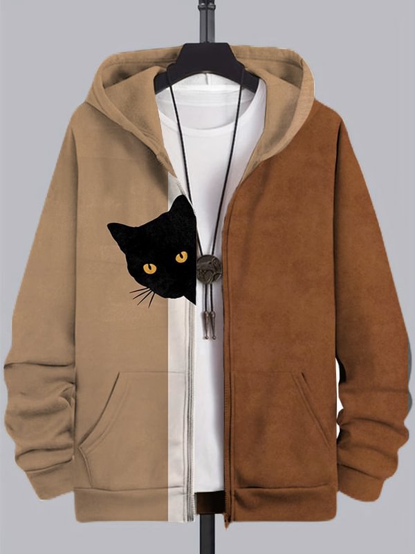 Men's Fun Hide And Seek Black Cat Print Hooded Zip Up Jacket