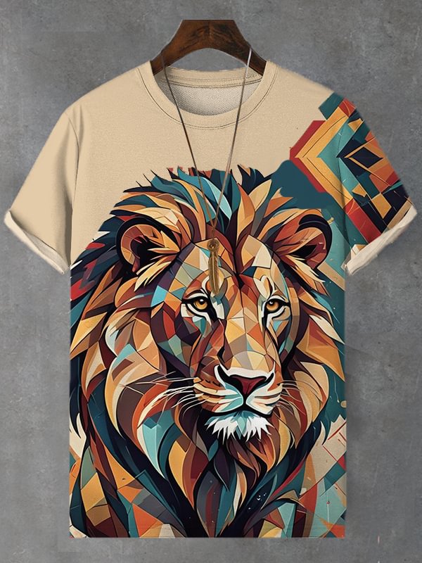 Men's Retro Colorful Lion Geometric Colorblock Print T-Shirt