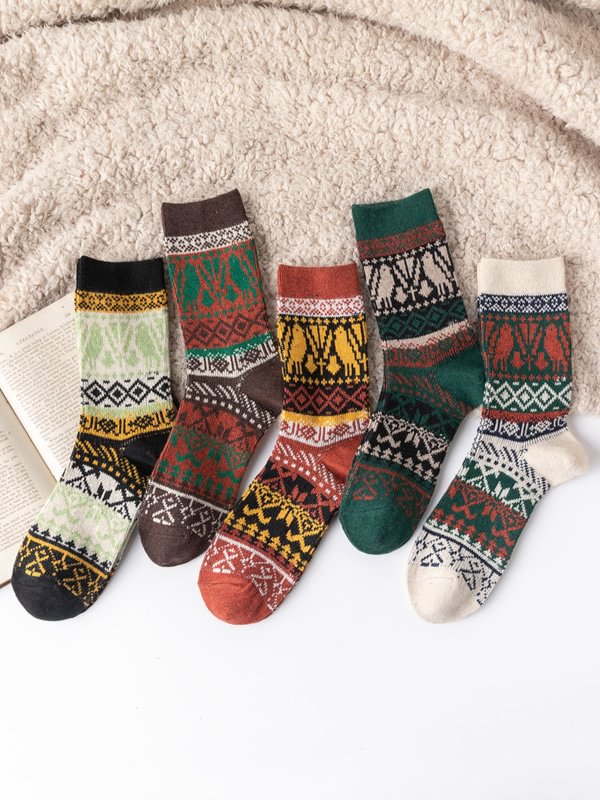 Men's Vintage Colorblock Graphic Pattern Five Pairs Crew Socks