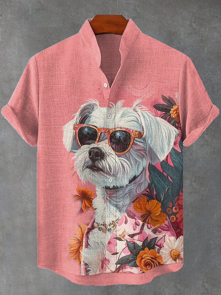 Men's Boho Summer Flower Schnauzer Dog Print Linen Blend Shirt