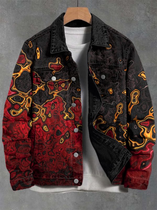Men's Flame Splash Art Print Denim-Like Long Sleeve Shirt