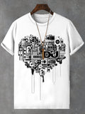 Men's Vintage Heart Pattern Music Art Print Cotton Casual T-Shirt
