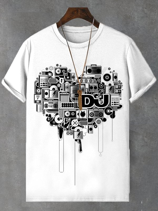 Men's Vintage Heart Pattern Music Art Print Cotton Casual T-Shirt