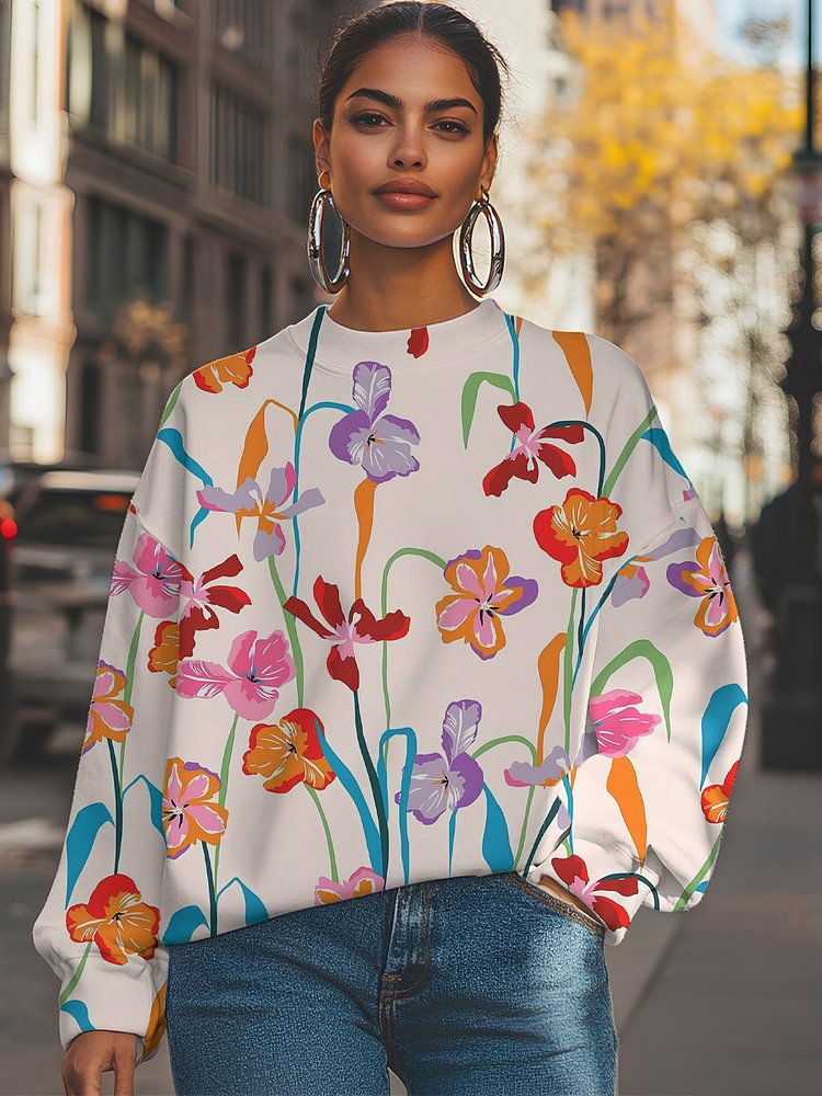 Women's Colorful Flowers Print Casual Sweatshirt