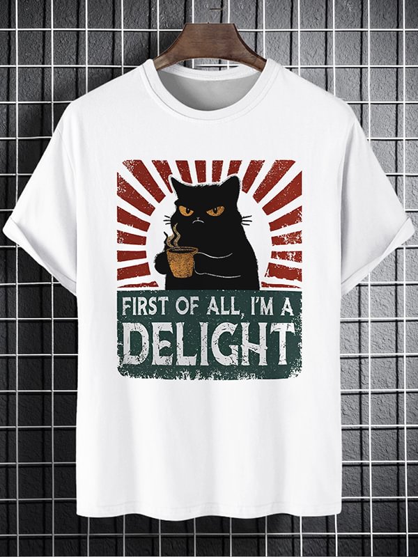 Men's First Of All I'm A Delight Angry Cat Coffee Funny Graphic Print Cotton Casual T-Shirt