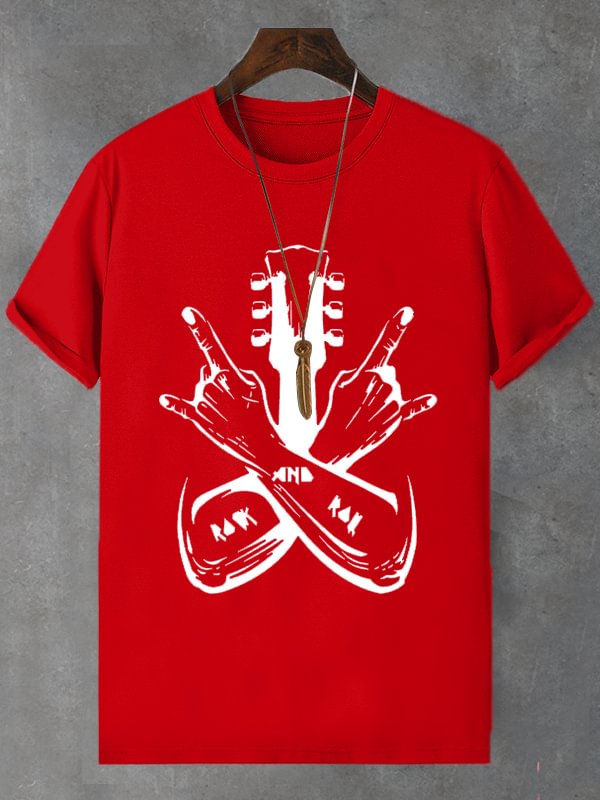Men's Rock And Roll Guitar Graphic Print Cotton Casual T-Shirt