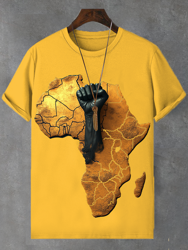 Men's African Map Black Fist Three-Dimensional Print Cotton Casual T-Shirt