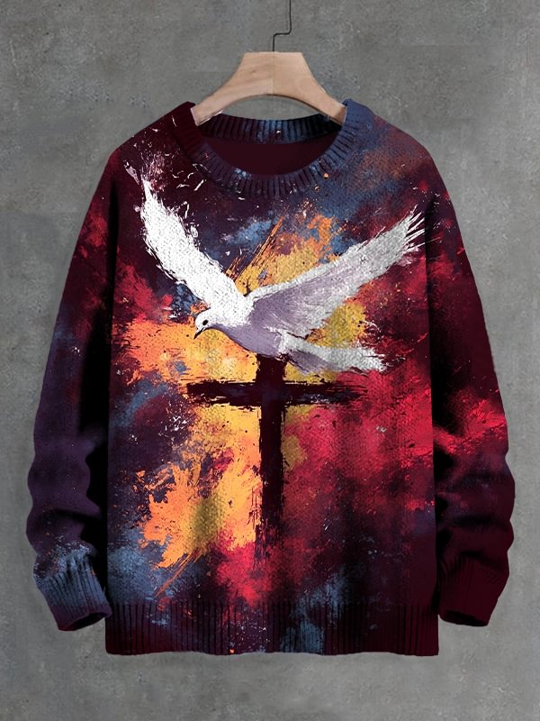 Men's Cross Dove Faith and Peace Art Print Knit Sweatshirt