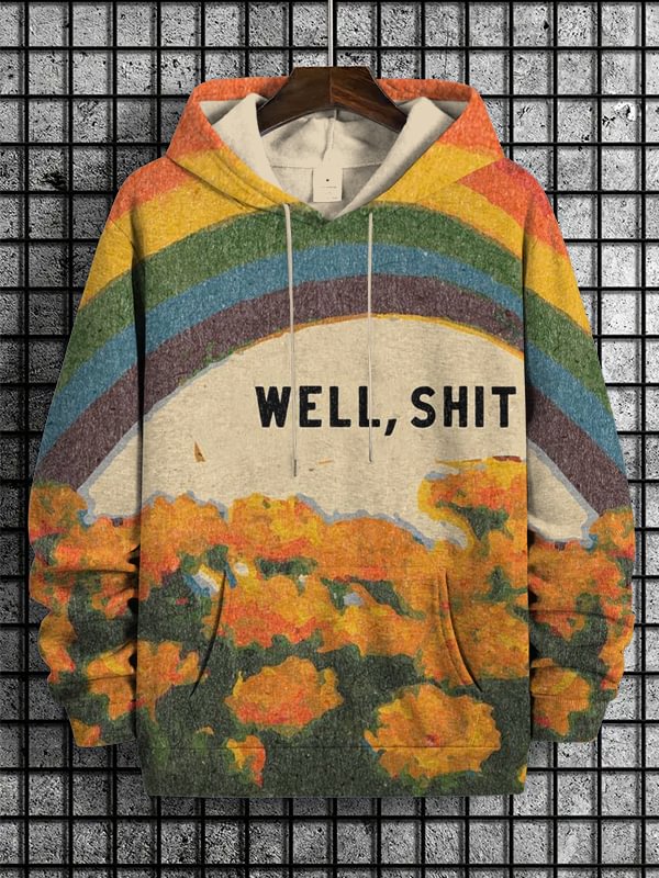 Men's Well Shit Retro Fun Rainbow Floral Art Print Casual Hoodie