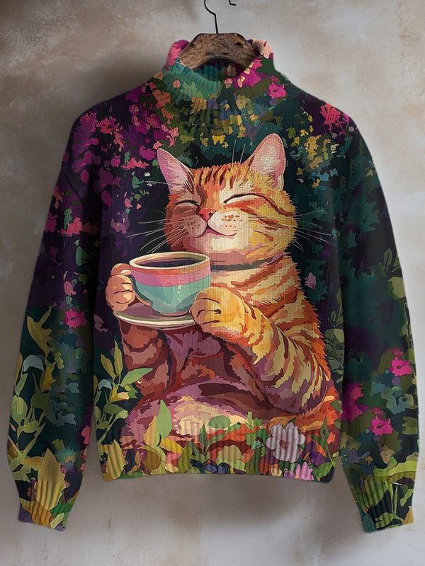 Women's Cat Drinking Coffee Print High Neck Knit Sweatshirt