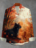 Men's Fall Black Cat Fluid Art Print Long Sleeve Shirt
