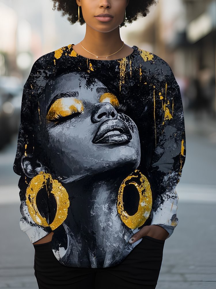 Women's Black Woman Portrait Art Print Casual Sweatshirt
