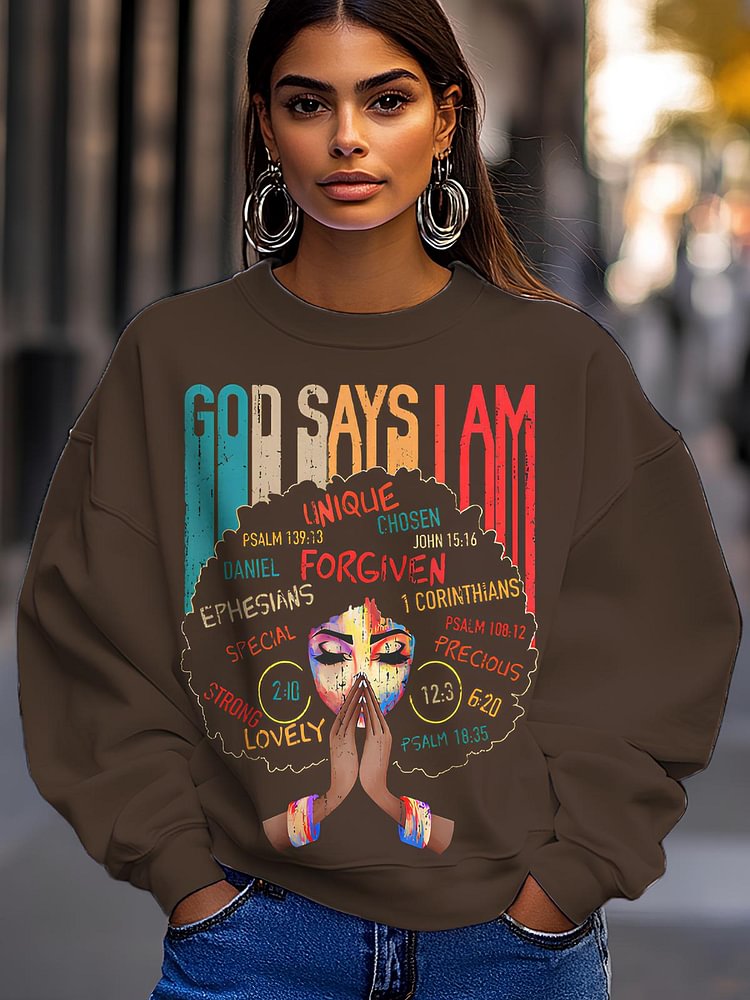 Women's Black Girl God Says I Am Black Melanin History Month Pride Print Cotton Long Sleeve T-Shirt Thin Sweatshirt