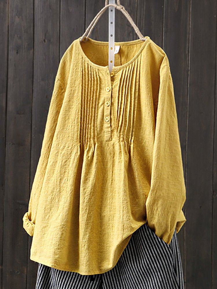 Women's Crinkle Chest Long Sleeve Round Neck Loose Blouse