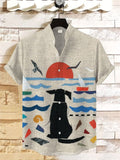 Men's Seaside Dog Sunrise Scenery Print Linen Blend Shirt