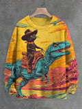 Men's Cowboy Black Cat And Dinosaur Art Print Knit Sweatshirt