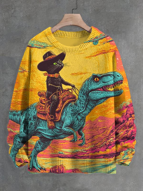 Men's Cowboy Black Cat And Dinosaur Art Print Knit Sweatshirt
