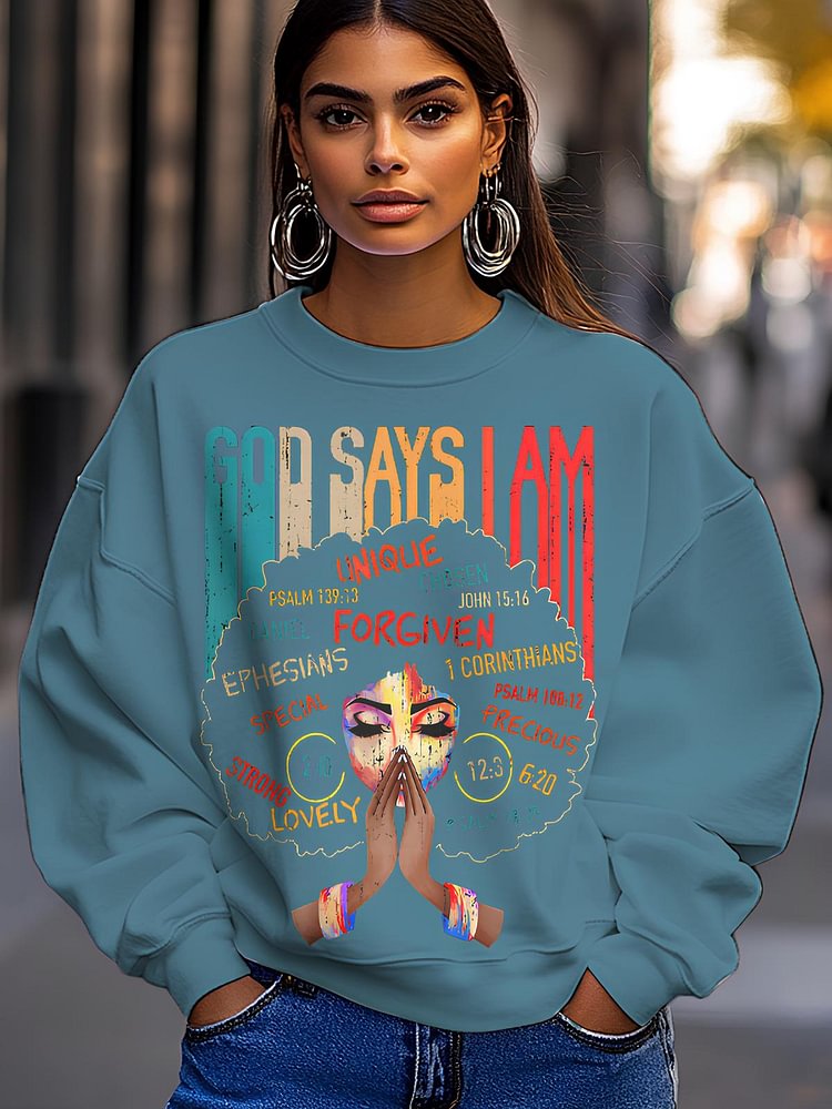 Women's Black Girl God Says I Am Black Melanin History Month Pride Print Cotton Long Sleeve T-Shirt Thin Sweatshirt