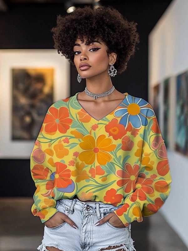 Women's Floral Art Print V Neck Sweatshirt