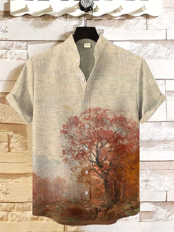 Men's Peaceful Autumn Landscape Oil Painting Art Print Casual Shirt