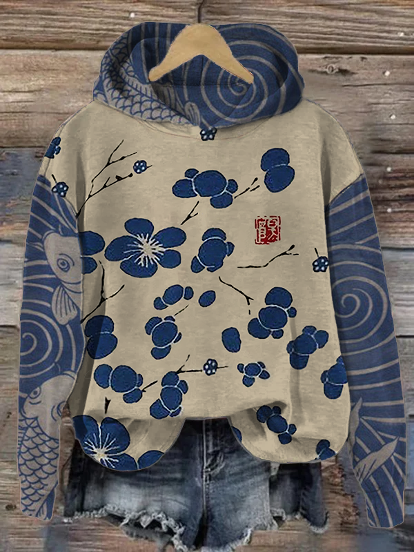 Women'S Leisure Japanese Sakura Art Painting Print Long Sleeve Hooded Sweater