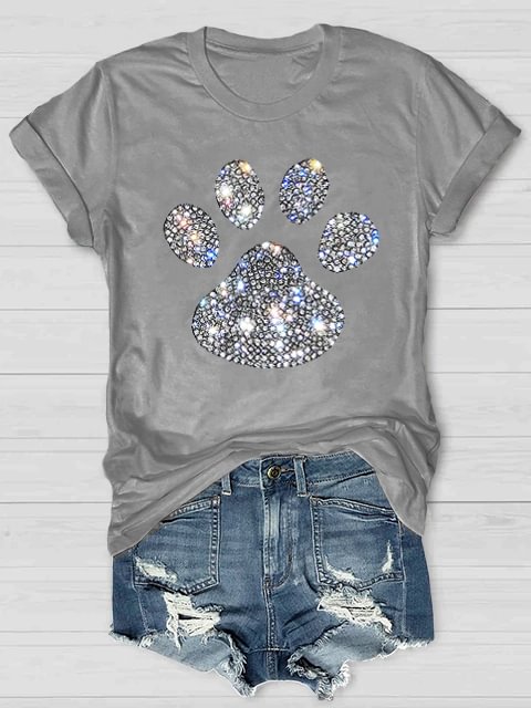Women's Rhinestone Animal Dog Paw Print Casual T-Shirt