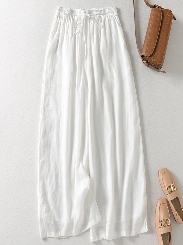 Women's Solid Cotton Linen High Waisted Wide Leg Loose Pants