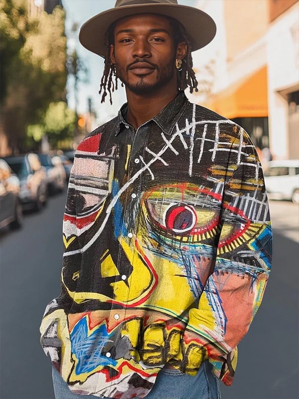 Men's Face Portrait Abstract Art Print Long Sleeve Shirt