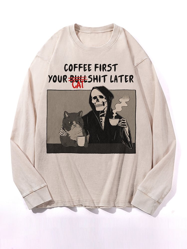 Men's Coffee Fist Your Catshit Later Skull Print Long Sleeve T-Shirt