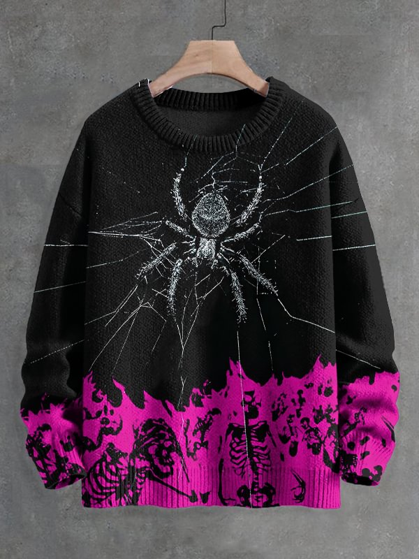 Men's Spider And Skull Burning In Flames Art Print Knit Sweatshirt