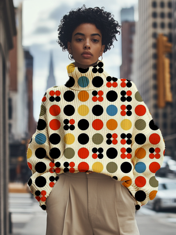 Women's Colorful Polka Dots Arrangement Print High Neck Knit Sweatshirt