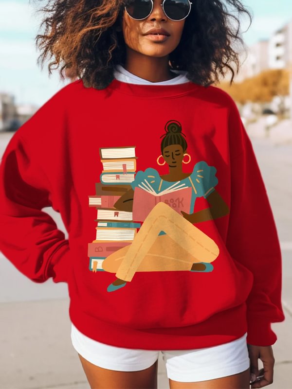 Women's Girl Reading Print Cotton Long Sleeve T-Shirt Thin Sweatshirt
