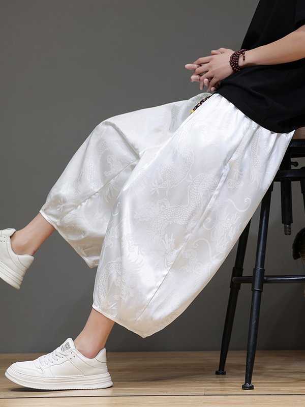 Men's Casual Dragon Pattern Jacquard Drawstring Waist Crop Harem Pants