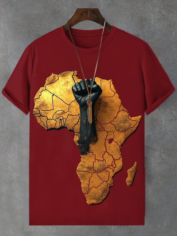 Men's African Map Black Fist Three-Dimensional Print Cotton Casual T-Shirt