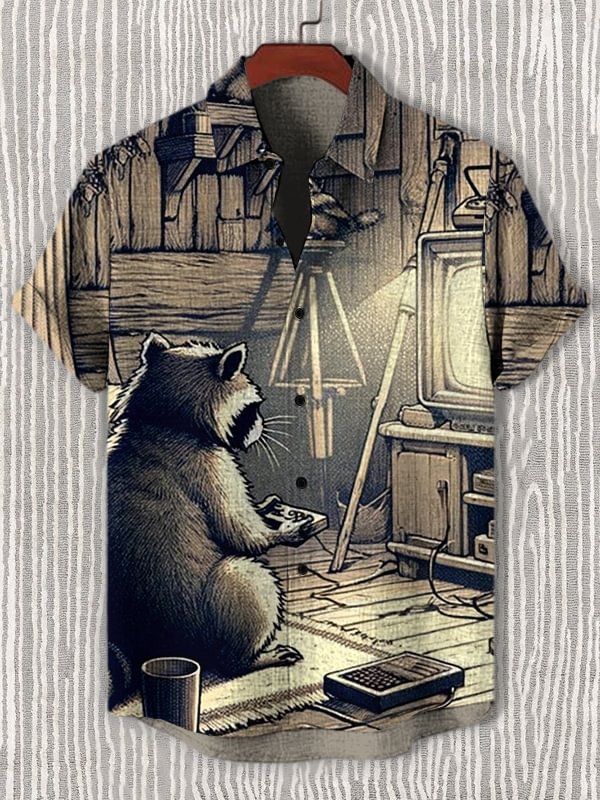 Men's Raccoon Playing Games Print Casual Shirt